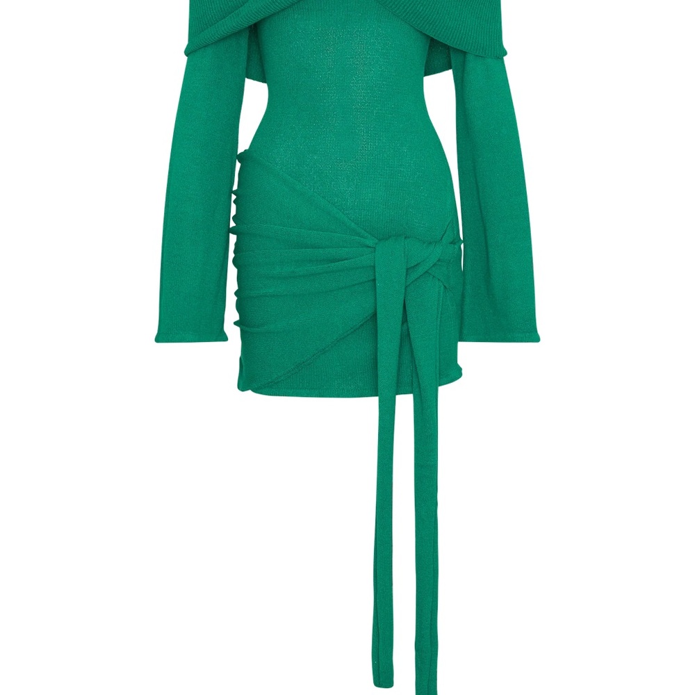 Meshki Camryn Off Shoulder Tie Knit Mini Dress - Green